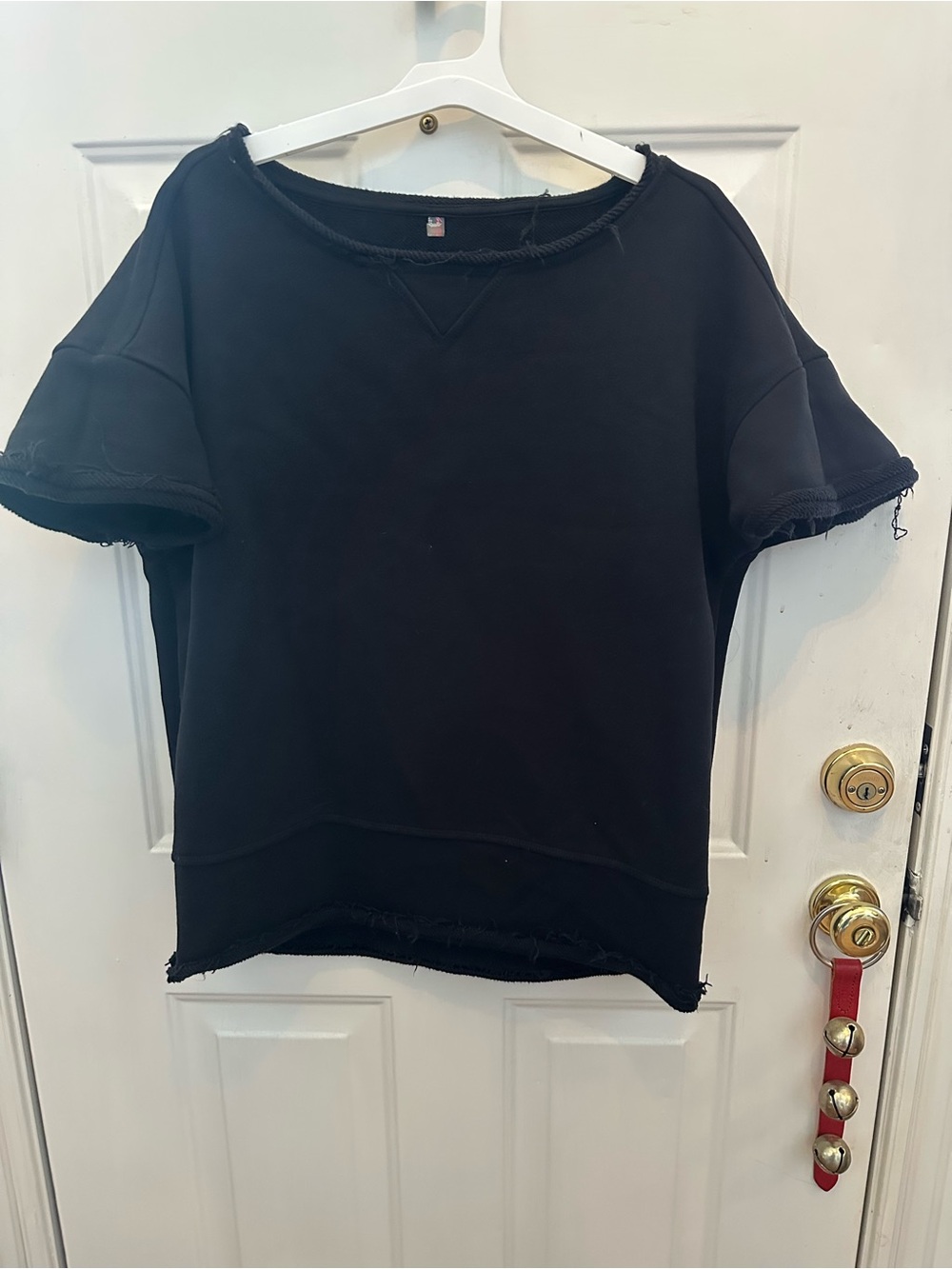 Free People Black Short-Sleeve Raw-Edge Sweatshirt